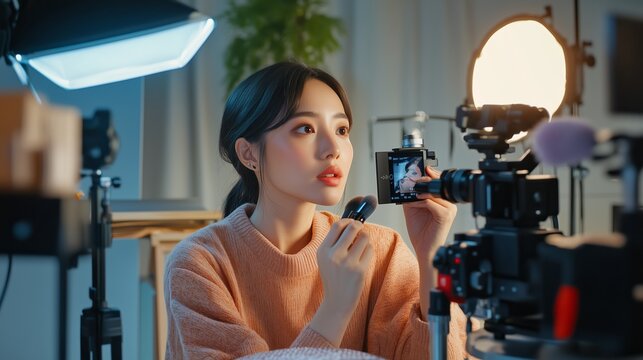 A young woman applies makeup in a professional studio filled with cameras and lights during a content creation session - Powered by Adobe