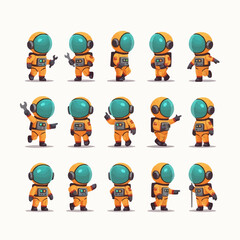 Moon explorers. Set of cartoon astronauts in a space suit. Vector illustration isolated on white background.