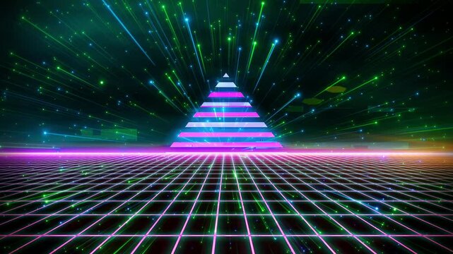 Cyber retro style 80s-90s futuristic grid wireframe backdrop. With Glitch vhs damage effect. Digital landscape neon dance style retro party laser pattern background.