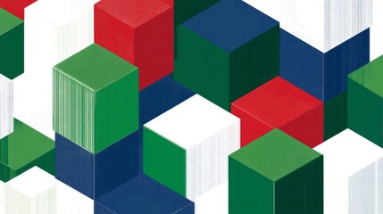Obraz premium Abstract pattern of green, red, white, and blue cubes.