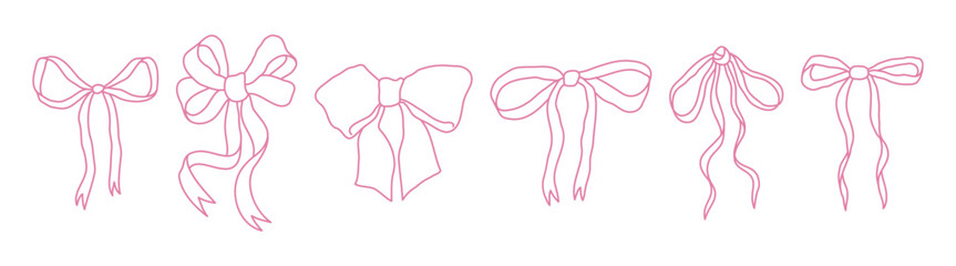 Hand-drawn whimsical pink gift bows. Girly сlipart for greeting cards, wedding invitations, posters. Monochrome line art graphic. Coquette aesthetics.