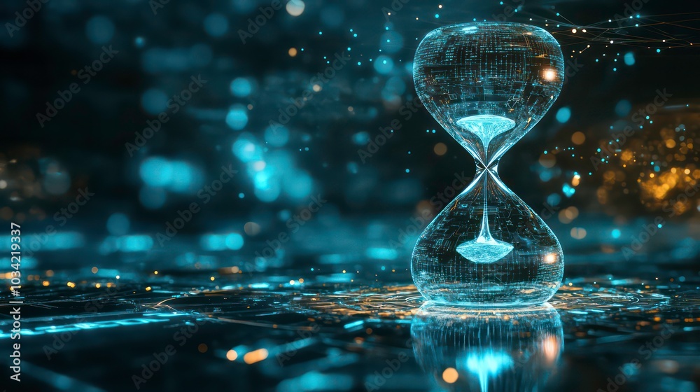 Wall mural a futuristic hourglass with glowing sand, representing time and digital progress.