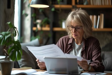 An attentive senior woman studies printed materials and finance documents at her laptop in a comfortable workspace, focusing on lesson preparation