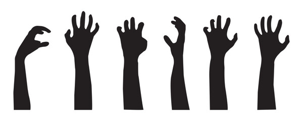 Hand silhouette, Different Positions Hands, creepy zombie hands silhouette vector illustration set.