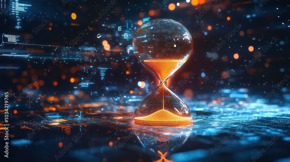 Wall mural a glowing hourglass sits on a digital surface with data flowing around it.