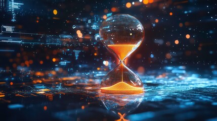 A glowing hourglass sits on a digital surface with data flowing around it.