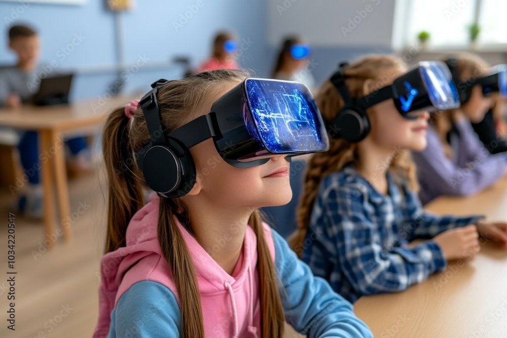 Poster students using holographic textbooks, with digital content floating in the air