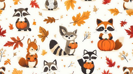 Playful woodland creatures like foxes, raccoons, and owls, each holding a tiny pumpkin, surrounded by vibrant autumn leaves,