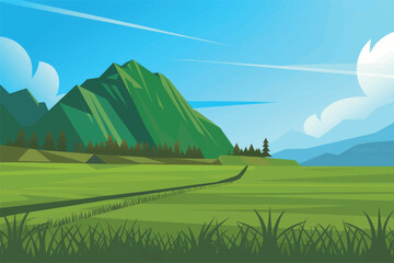 Green field with mountains and sky in the background.