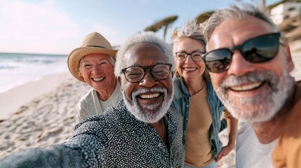 Portrait of smiling senior friends on the beach
