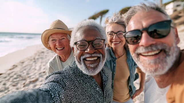 Portrait of smiling senior friends on the beach
