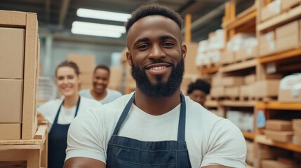 Obraz premium A man with a beard and apron is smiling in front of a stack of boxes