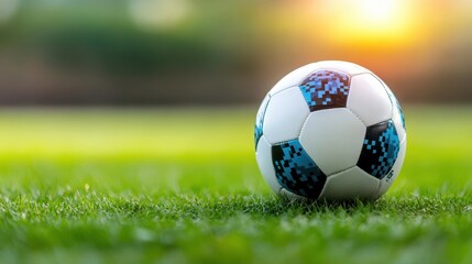 Naklejka premium Soccer ball on green grass with sunset background