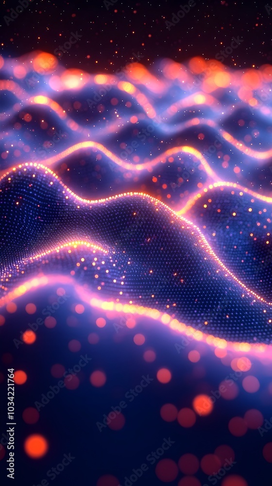 Poster captivating abstract geometric waveforms pulsing through chromatic data visualization fields creatin