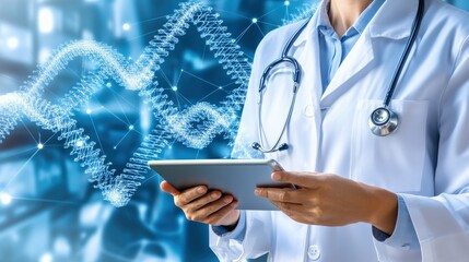 A woman in a white lab coat is holding a tablet