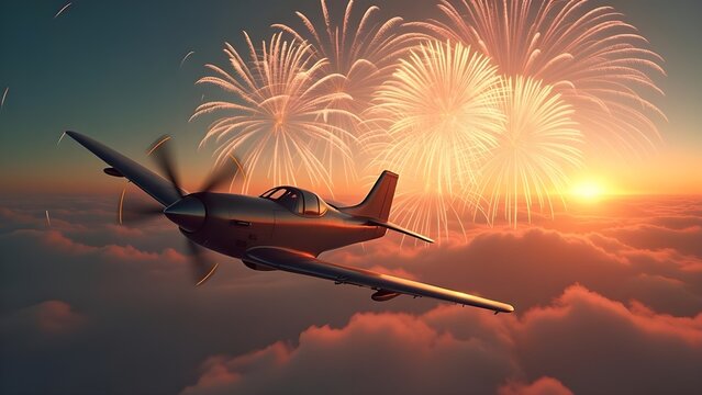 Elegant celebration themed, happy new year 2024, vintage aircraft soaring in the sky, highlighted with celebration fireworks