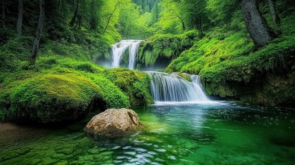 Obraz premium Lush green forest with cascading waterfall and crystal clear blue water.
