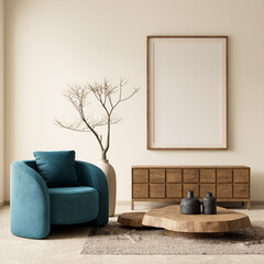Mock up poster frame in boho style decorated livinig room. Modern, authentic Interior design of living room with wooden furnitures. 3D illustration © Salih
