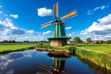 Windmill reflected in a still canal, surrounded by green pastures