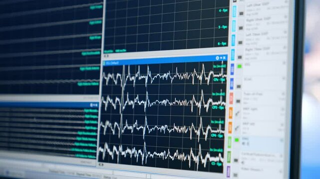 Part of a computer screen with curved lines. Patient's brain waves during the neurosurgery. Extreme close up.