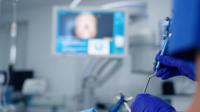 Hand of a surgeon in blue latex gloves holding a probe for brain work examination. MRI head scan at the screen at backdrop in blur.