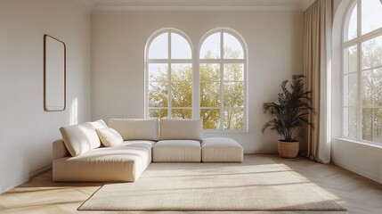 Beige Corner Sofa and Recliner Chair by Arched Windows. Minimalist Modern Living Room Design.
