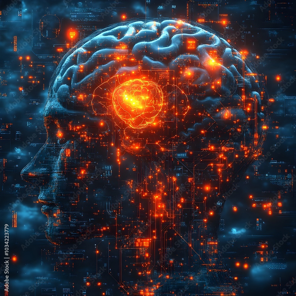 Poster layered digital canvas showcasing the convergence of computational neuroscience neural network train