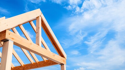 Construction Crew Aligning Wood Beams on Rooftop - Precision Framing Under Sunny Skies at a Countryside Home