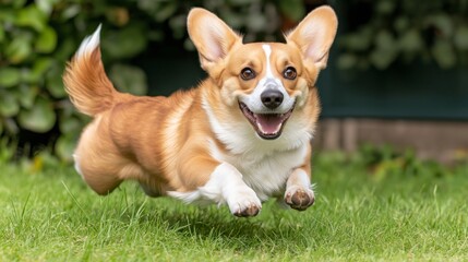A cheerful corgi jumps joyfully across a lush green lawn, showcasing its playful nature and vibrant personality in a sunny outdoor setting.