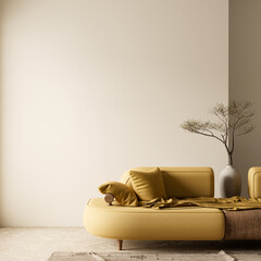 Empty wall mock up in boho style decorated livinig room. Light modern Interior design of living...