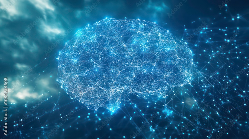 Canvas Prints a glowing digital brain made of connected lines and dots against a blue background.
