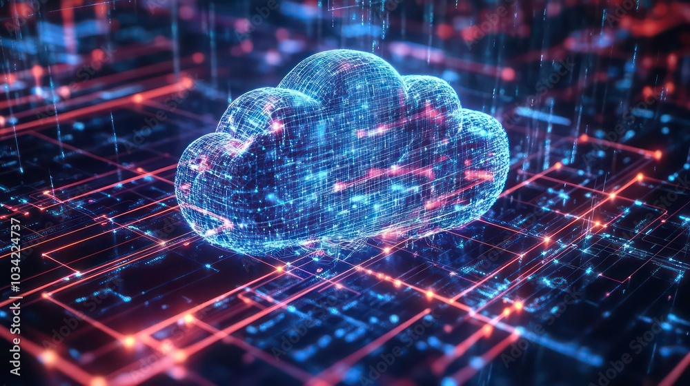 Poster a 3d rendering of a digital cloud symbol over a circuit board, representing data storage, computing,