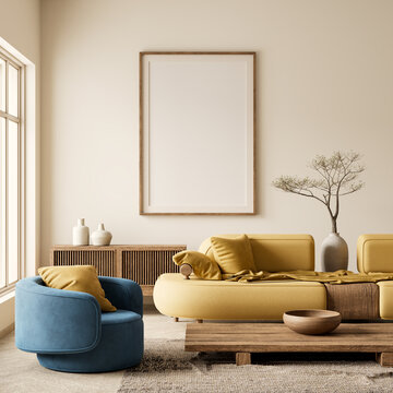 Mock up poster frame in boho style decorated livinig room. Modern, authentic Interior design of living room with wooden furnitures. 3D illustration