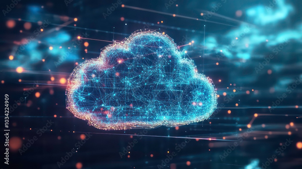Poster abstract cloud computing concept with glowing lines and particles.