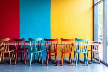 Colorful Cafe Setting with Aligned Tables and Chairs by a Sunlit Window – Modern Restaurant Interior