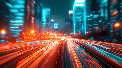 Obraz premium City traffic night light trails, vibrant colors.