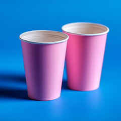 Disposable pink paper cups on vibrant blue background create cheerful and playful atmosphere, perfect for parties or gatherings
