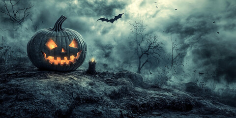 Naklejka premium Jack-o-lantern, a carved pumpkin with a scary face, is a popular Halloween decoration,Generated By Ai