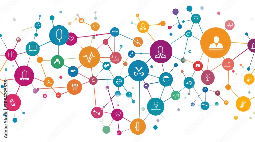Poster abstract network with colorful circles and icons connected by lines.