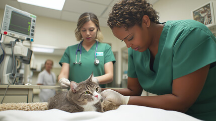 Two veterinarians provide care to a cat in a modern clinic. The scene emphasizes teamwork, professionalism, and compassion in animal healthcare environments.