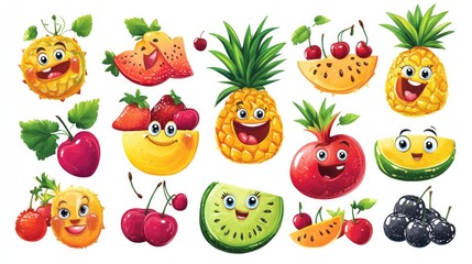 A collection of cartoon fruit stickers, including pineapples, watermelons, and cherries, with fun, exaggerated expressions on a clean white background.
