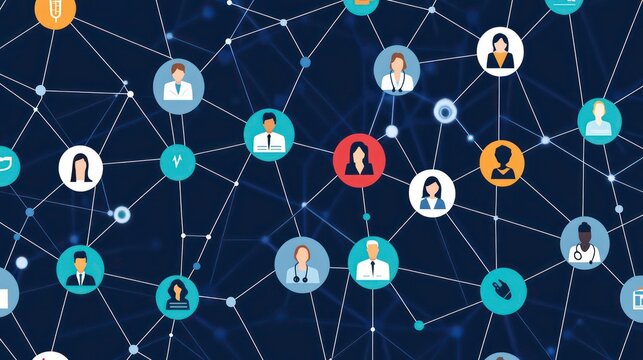 Abstract network of connected healthcare professionals represented by icons.