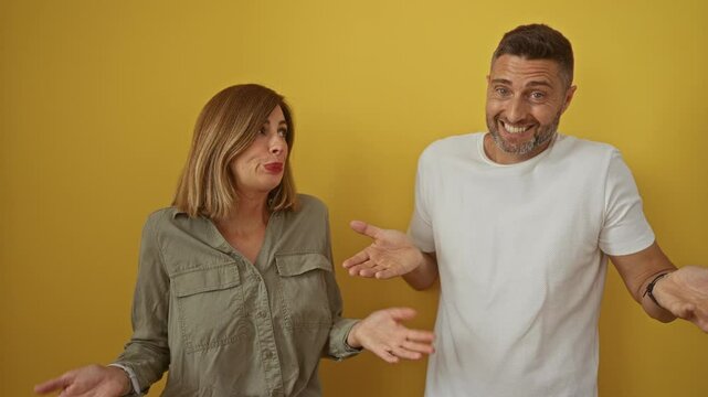 Couple shrugging in confusion over isolated yellow background with man and woman looking puzzled and amused