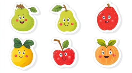 A fun sticker set of cartoon fruit icons, with bright faces on apples, pears, and melons, displayed on a white background for a cheerful design touch.
