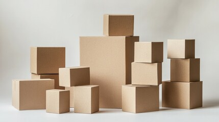 Fototapeta premium A group of differently sized brown paper boxes stacked together on a white background, suitable for logistics and packaging concepts.