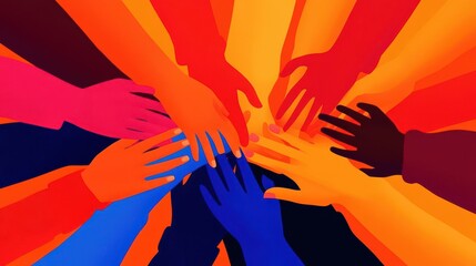 A vibrant illustration of hands reaching out together, symbolizing unity, teamwork, and collaboration in diverse colors.