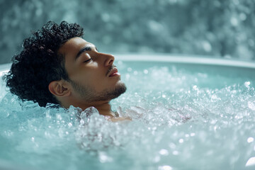 latin american man in a ice bath, in spa, athlete training endurance, repair of muscules, ice bath pod