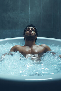 Latin American man in a ice bath pod, cold therapy, endurance training