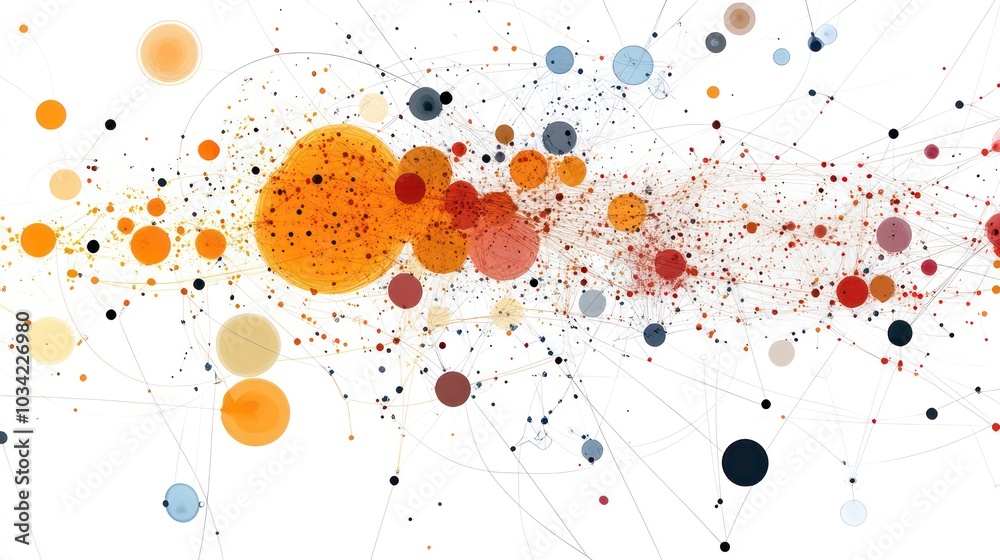 Poster abstract network of interconnected dots and lines on white background, creating a complex web of con