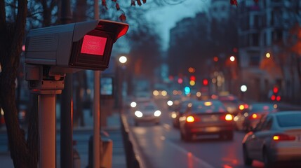 A speed camera mounted on a street pole with cars speeding by on an urban road, enforcing traffic rules to ensure safe driving practices. --ar 16:9 --v 6.1 Job ID: 602314cc-f8ac-49e8-bba3-edf5aedf71a6